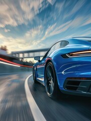 Obraz premium Rear view of blue Business car on high speed in turn. Blue car rushing along a high-speed highway.