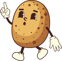 Abstract funny illustration of a walking cartoon potato. Illustration of cute potato mascot, retro cartoon expression.