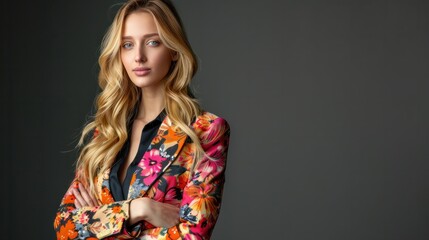 Stylish blonde woman in a bright floral business suit on a dark gray background. Free space for product placement or advertising text.