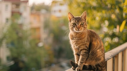 cute domestic cat sitting on the balcony near the designated working area