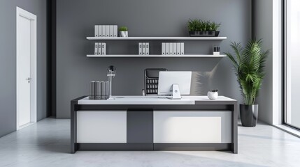 Contemporary office desk with drawers and shelves. Modern design with drawers and folders. Business interior design elements. 