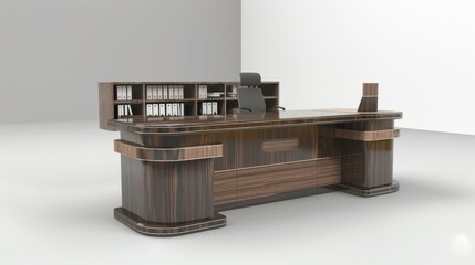 Contemporary office desk with drawers and shelves. Modern design with drawers and folders. Business interior design elements. 