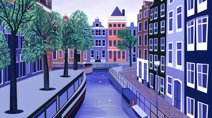 Creative art aesthetics poster or postcard for Amsterdam city, Netherlands. Artistic, stylistic, screen printing, stencil, graphic design.