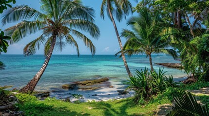 Escape to a tranquil seaside paradise where towering palms frame sparkling turquoise waters. Relax and rejuvenate in this tropical haven, where worries dissolve in the gentle breeze. 