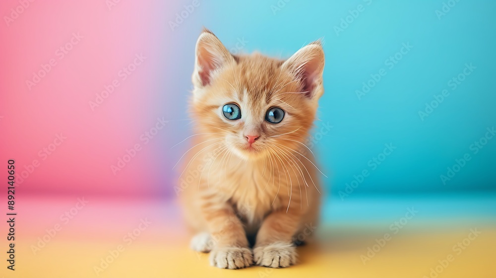 Wall mural cute little kitten with amazing blue eyes isolated on colorful background