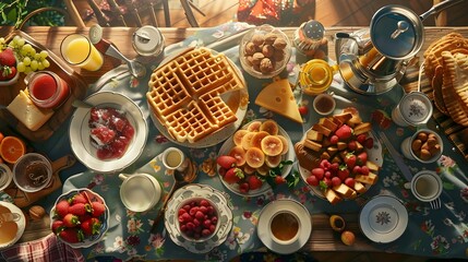 breakfast table full of various dishes. Belgian waffles, jam, nuts, fresh juice, sliced fruits, cheese platter, and a pot of hot coffee on breakfast table