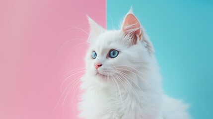 Obraz premium Cute portrait of white furry cat isolated on colorful background