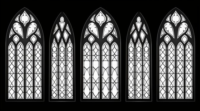 Gothic church windows in a classic glyph style. Silhouettes of arched frames from old cathedral glass. Elements of a medieval interior. 