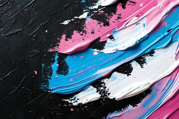 Flat lay of paint strokes in the colors pink, blue and white on black background. top view, copy space concept for lesbian pride parade, pride month. Text "Lrsaburg 