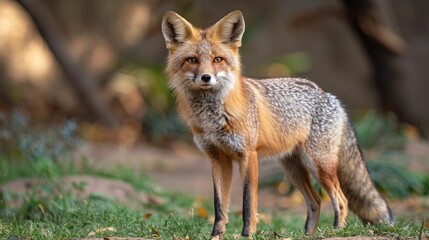 Fototapeta premium Fox standing on a natural ground, in an outdoor habitat.