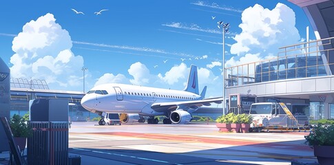 Expansive airports landscape in anime style.