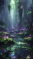 Obraz premium A mystical swamp with glowing fog, floating islands of moss, and luminescent flora