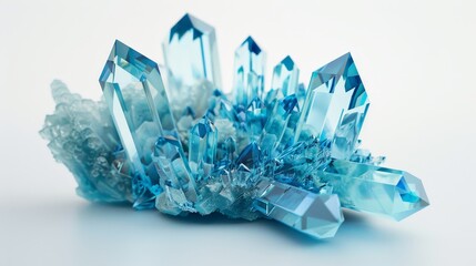 Macro closeup shot of a blue aqua aura crystal cluster on a white background. Rendered in 3D. 