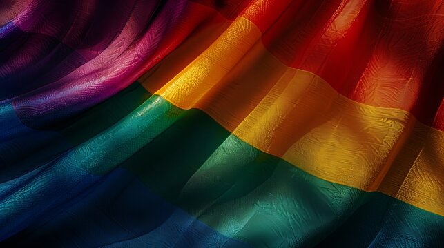 A pride flag highlighting a section with the rainbow stripes, with dramatic low-key lighting creating deep shadows and emphasizing the fabric folds