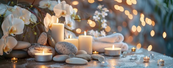 Luxury spa setting with candles, stones, and flowers, relaxing ambiance, copy space, perfect for beauty and wellness advertisements.