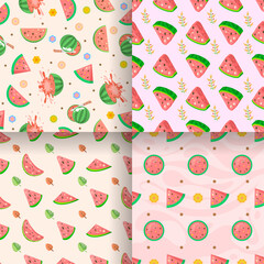 Set Seamless Collection Pattern Abstract Elements Fruits Food Watermelon Vector Design Style Background Illustration Texture For Prints Textiles, Clothing, Gift Wrap, Wallpaper, Pastel