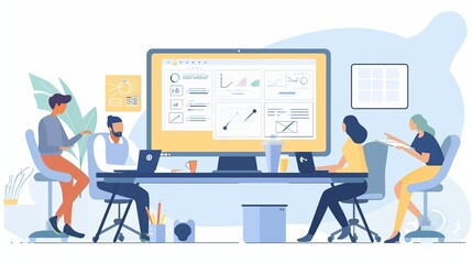 A collaborative team working on a project, reviewing documents and using a large monitor, coffee cups and office supplies on the table, and a productive atmosphere