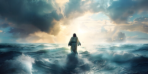Obraz premium Jesus walks on water and calms the sea as in bible