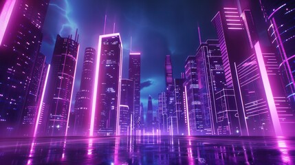 A cyberpunk cityscape with neon lights and a pink sky