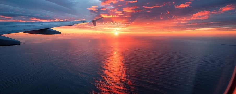 Fototapeta Sunset over the ocean as seen from an airplane window, warm hues reflecting on the water, serene and picturesque, ideal for travel and nature imagery, copy space.