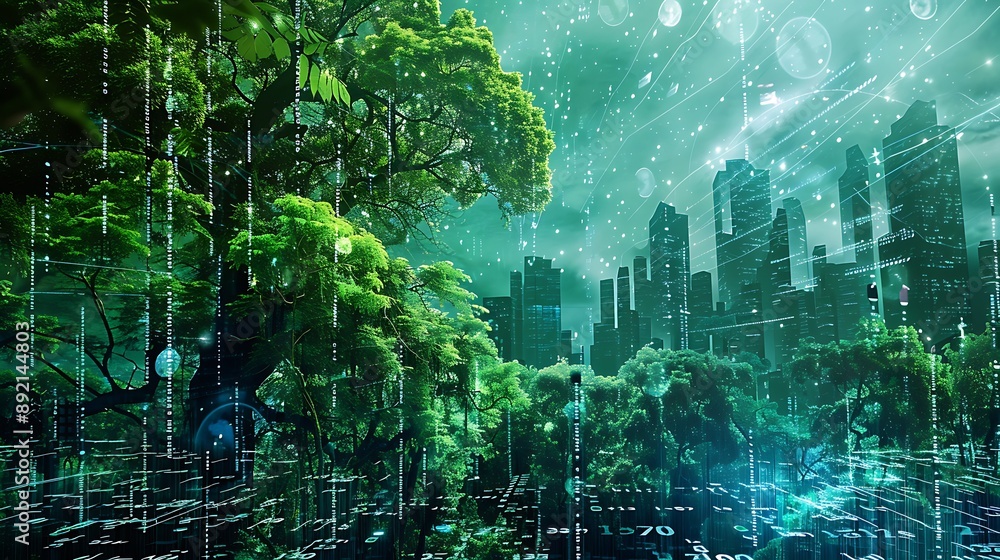 Poster nature with digital network skyscraper view background for technology future hope environmental tran