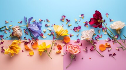 dried real flowers as biodegradable confetti or decoration isolated on colorful background