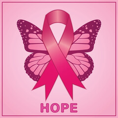 Pink awareness ribbon with butterfly, breast cancer concept vector illustration.