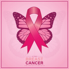 Breast cancer awareness square poster template design with pink awareness ribbon and butterfly vector illustration.