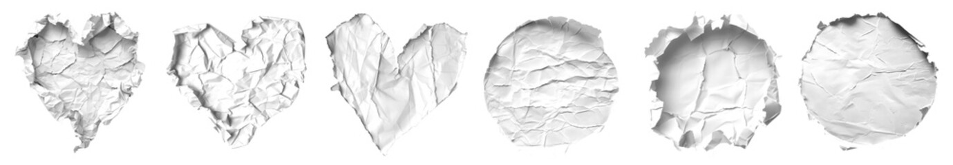 Obraz premium Collection set of white crumpled crushed scrunched torn paper heart love, circle round shape on transparent background cutout, PNG file. Many different design. Mockup template artwork graphic