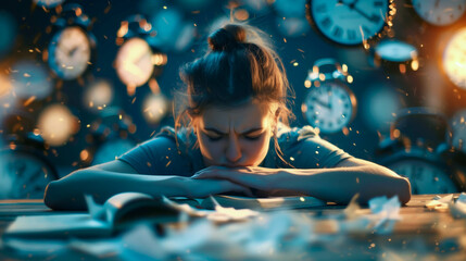 Woman contemplating surrounded by floating clocks