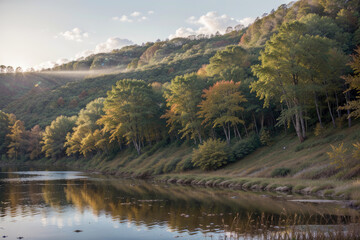 A breathtaking autumn landscape featuring a serene flower field with tall grass, vibrant flowers, and a small pond. The ethereal scenery is enhanced by detailed clouds at sunrise, mist over a river, a