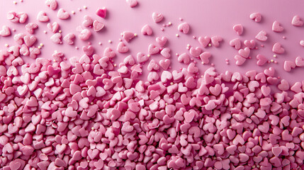 Obraz premium Trendy flat lay of shining silver and candy pink hearts background made from cake sprinkles, suitable for feminine bloggers or festive themes like love and Valentine's Day.