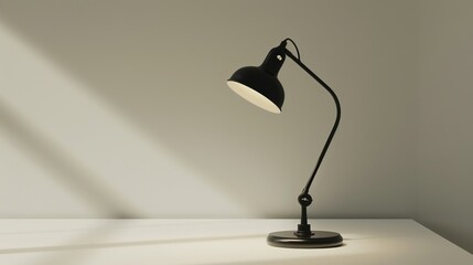 Modern black desk lamp with a Scandinavian design. Minimalistic piece for interior d&eacute;cor, featuring a clean white background. 