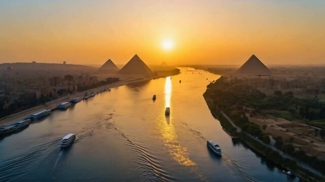 Majestic Pyramids with River Backdrop