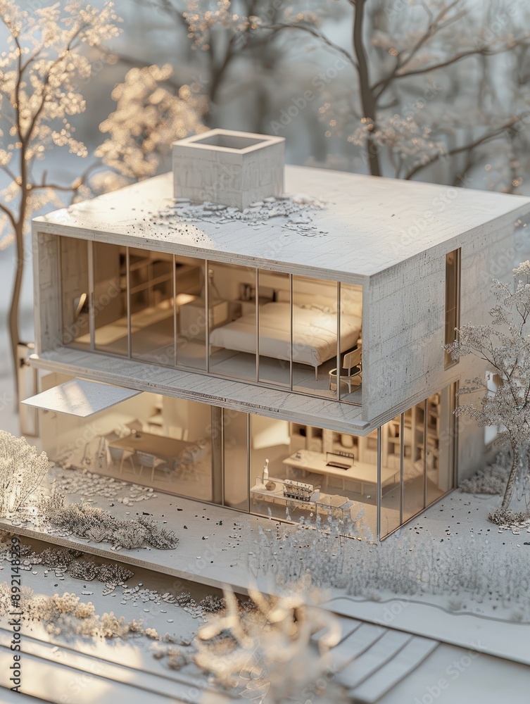Poster 3d small house model on architecture floorplan created with generative ai