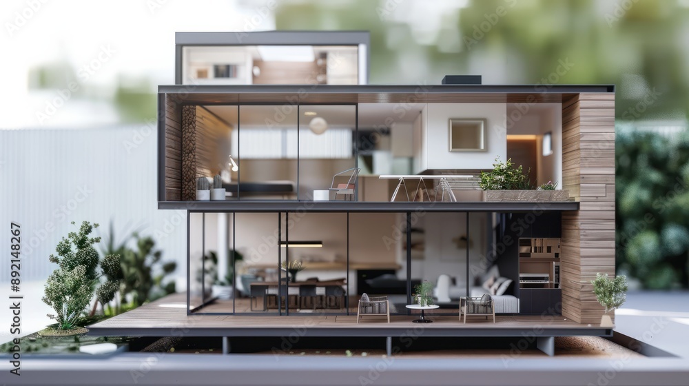 Poster 3d small house model on architecture floorplan created with generative ai