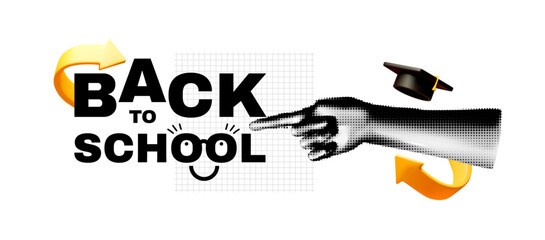 Back to School halftone design template with point gesture hand and graduate hat