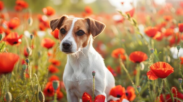 Humorous little Jack Russell Terrier puppy in a stunning poppy field