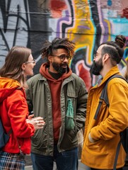 A group of people standing around talking to each other