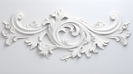3D illustration of white decorative relief beautiful detailed ornament with acanthus leaves decoration in baroque style isolated on white background