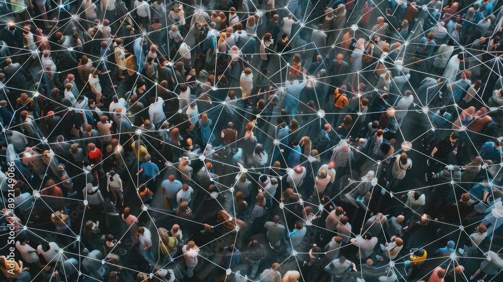 Poster aerial view of a crowd with a network of connections, generative ai