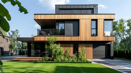 Modern villa featuring minimalist cubic architecture, enhanced by wooden cladding,