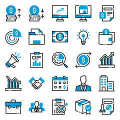 25 business icons in dual tone style including sales, marketing, profit, loss, price, finance, money, handshake, management, etc. For business, office, and finance needs..
