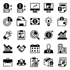 25 business icons in black fill style including sales, marketing, profit, loss, price, finance, money, handshake, management, etc. For business, office, and finance needs..