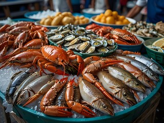 Fresh sea food display at street market, fish, crabs are lying at ice, fresh and shiny