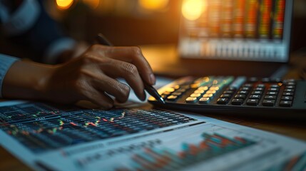 A businessperson investing in stocks with a financial analysis spreadsheet and retirement plan during the early evening with ambient lighting 