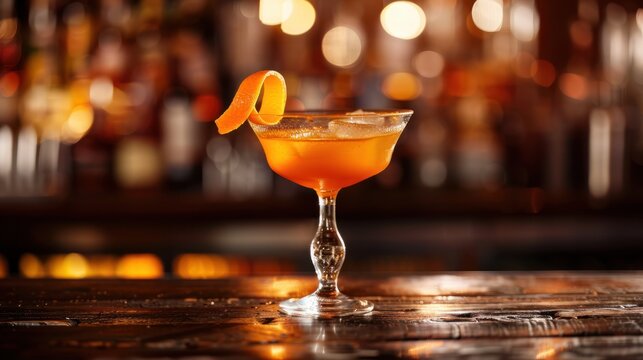 Cocktail with orange twist in a coupe glass on rustic bar top. Cocktail hour and bar scene concept for design and advertising
