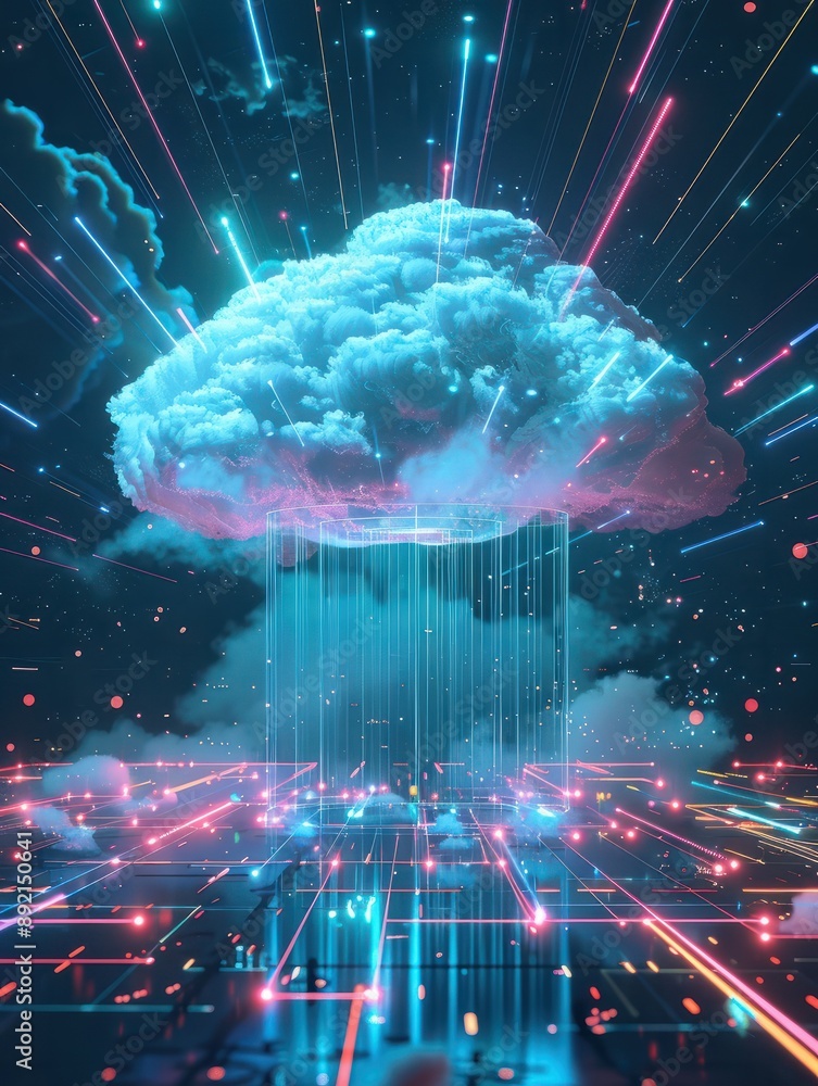 Poster digital informational technology web futuristic hologram with cloud, generative ai