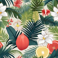 Fototapeta premium a vibrant and unique tropical pattern featuring lush palm leaves, exotic flowers, leaf
