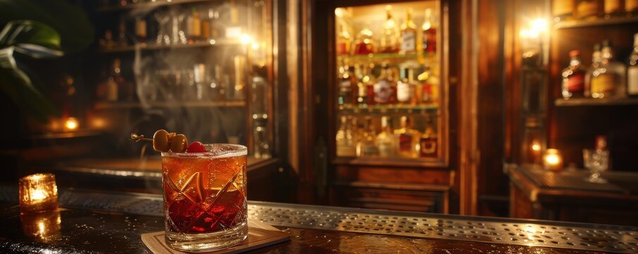 Retro speakeasy with a hidden door, classic cocktails being served, ambient lighting and vintage decor, copy space, ideal for nostalgic and secretive nightlife content.